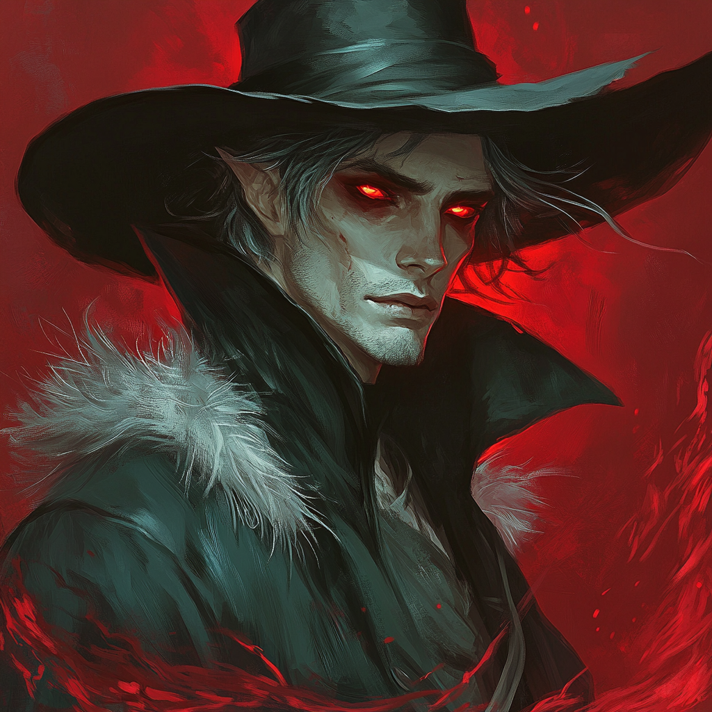 A spooky vampire in a black hat.