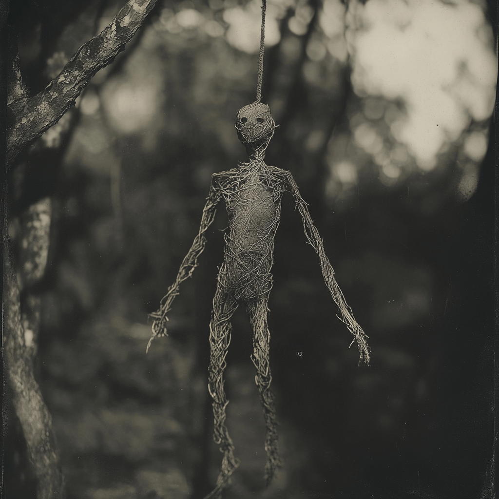 A spooky wooden figure hanging in forest at night