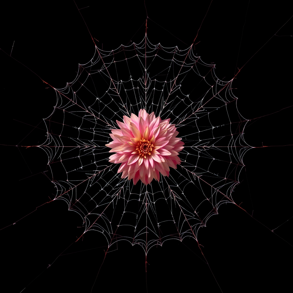 A star-like flower on spider's web in dark