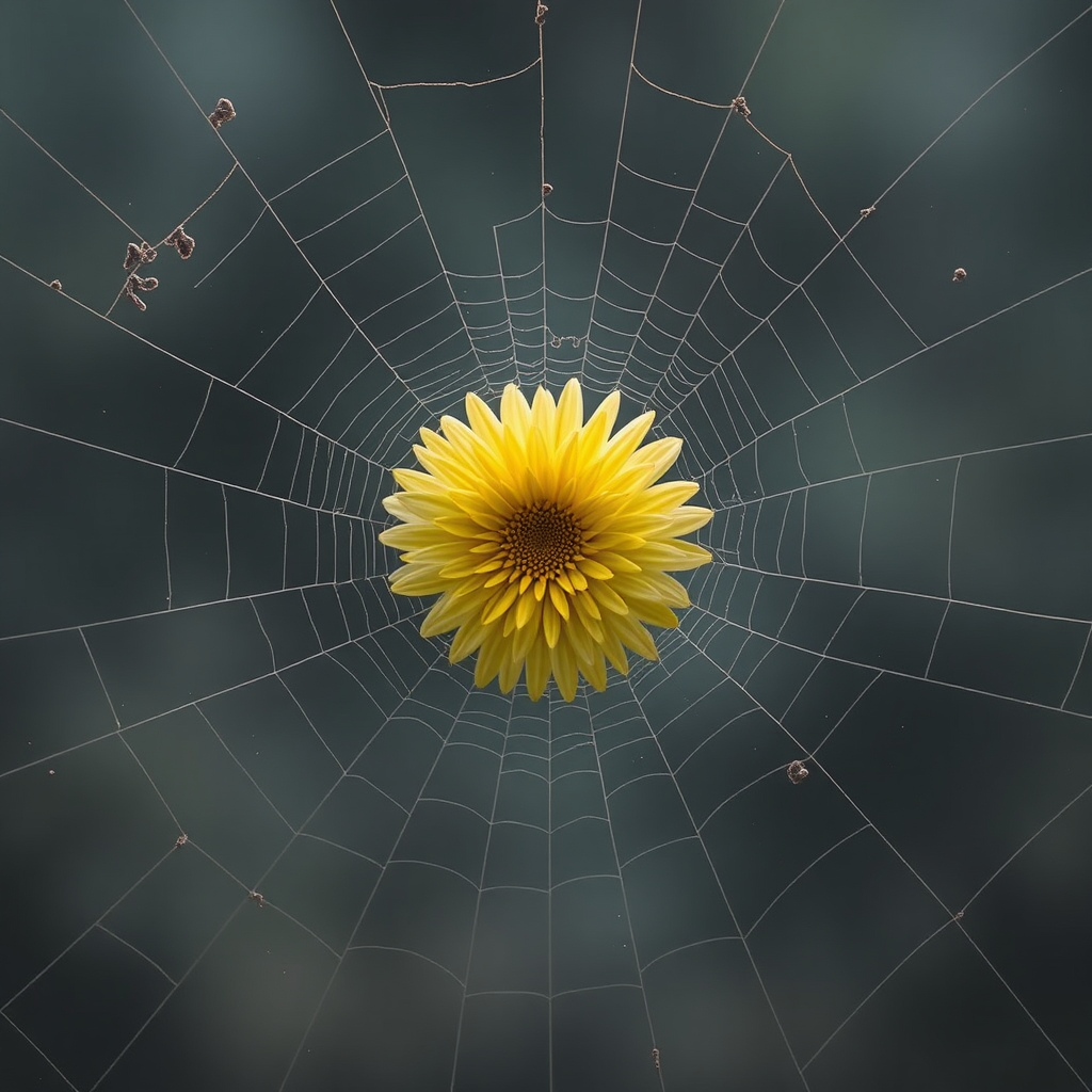 A star-shaped flower made of spiderweb in foggy world.