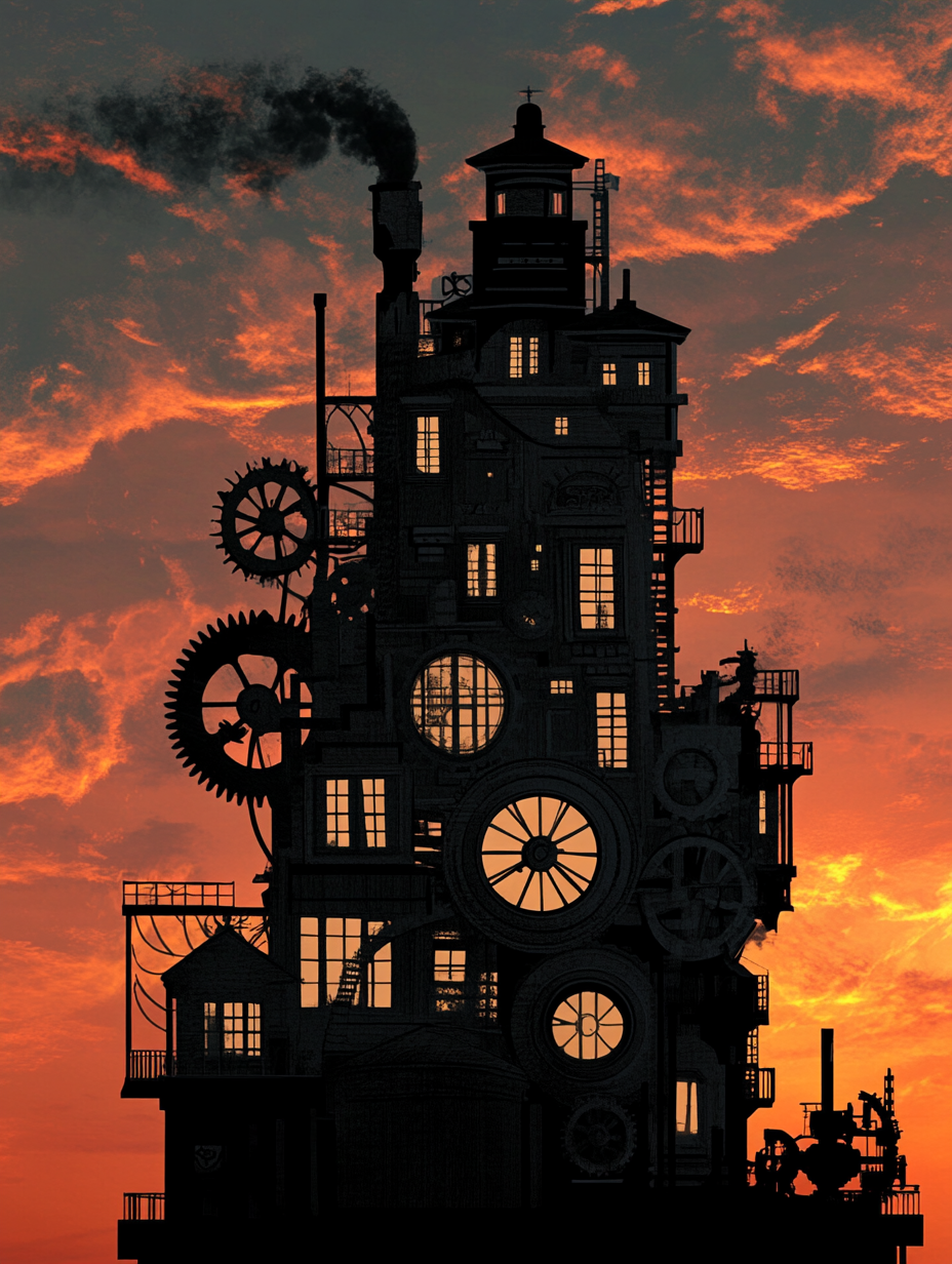 A steampunk building with gears and steam engine