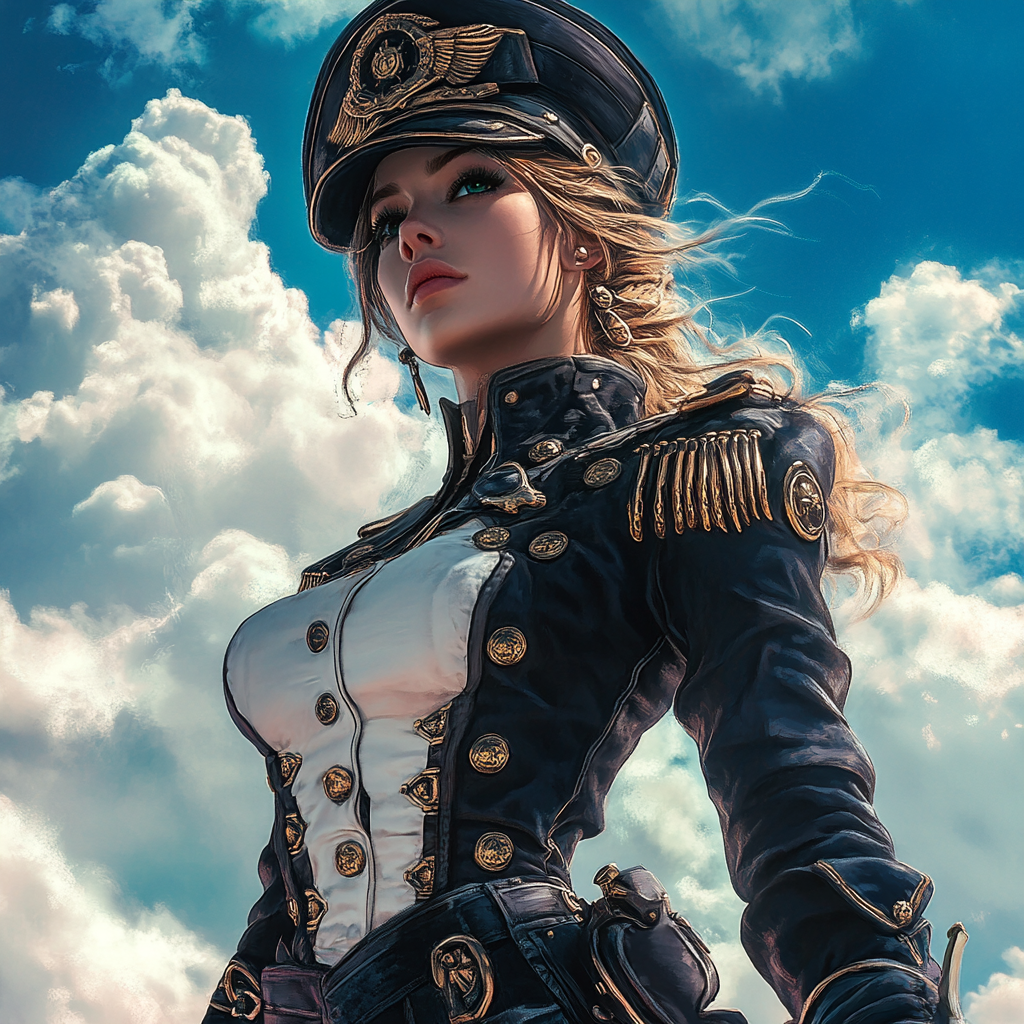 A steampunk female sailor in navy uniform poses