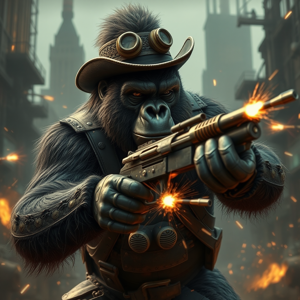 A steampunk gorilla gunslinger in chaotic industrial city.