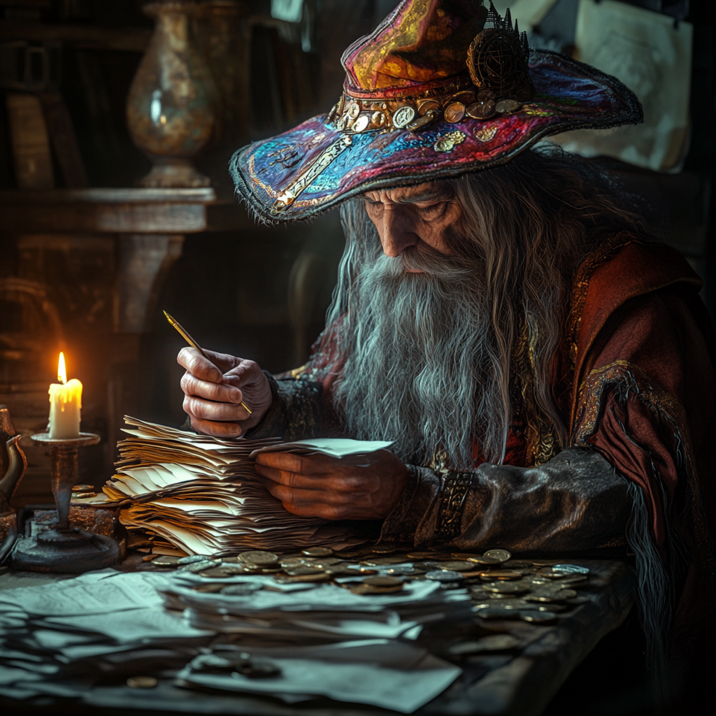 A stressed wizard in dusty room, sorting papers