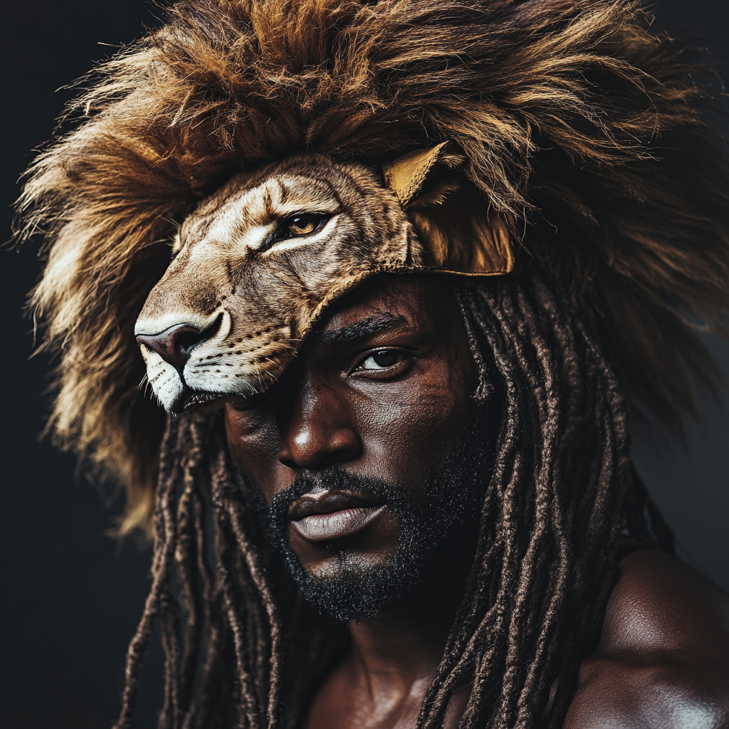 A strong African warrior with lion head dress