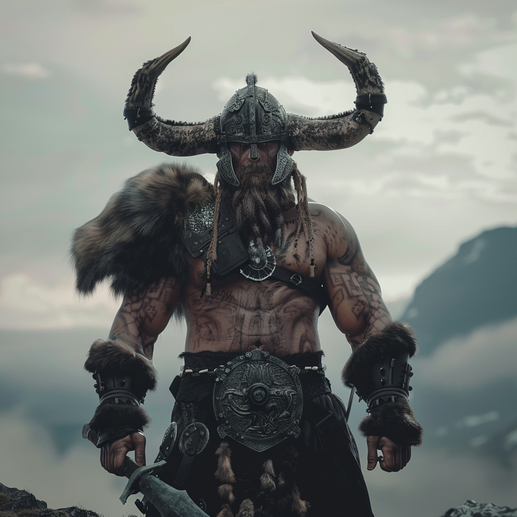 A strong Viking warrior with carabao horns, ultimate strength