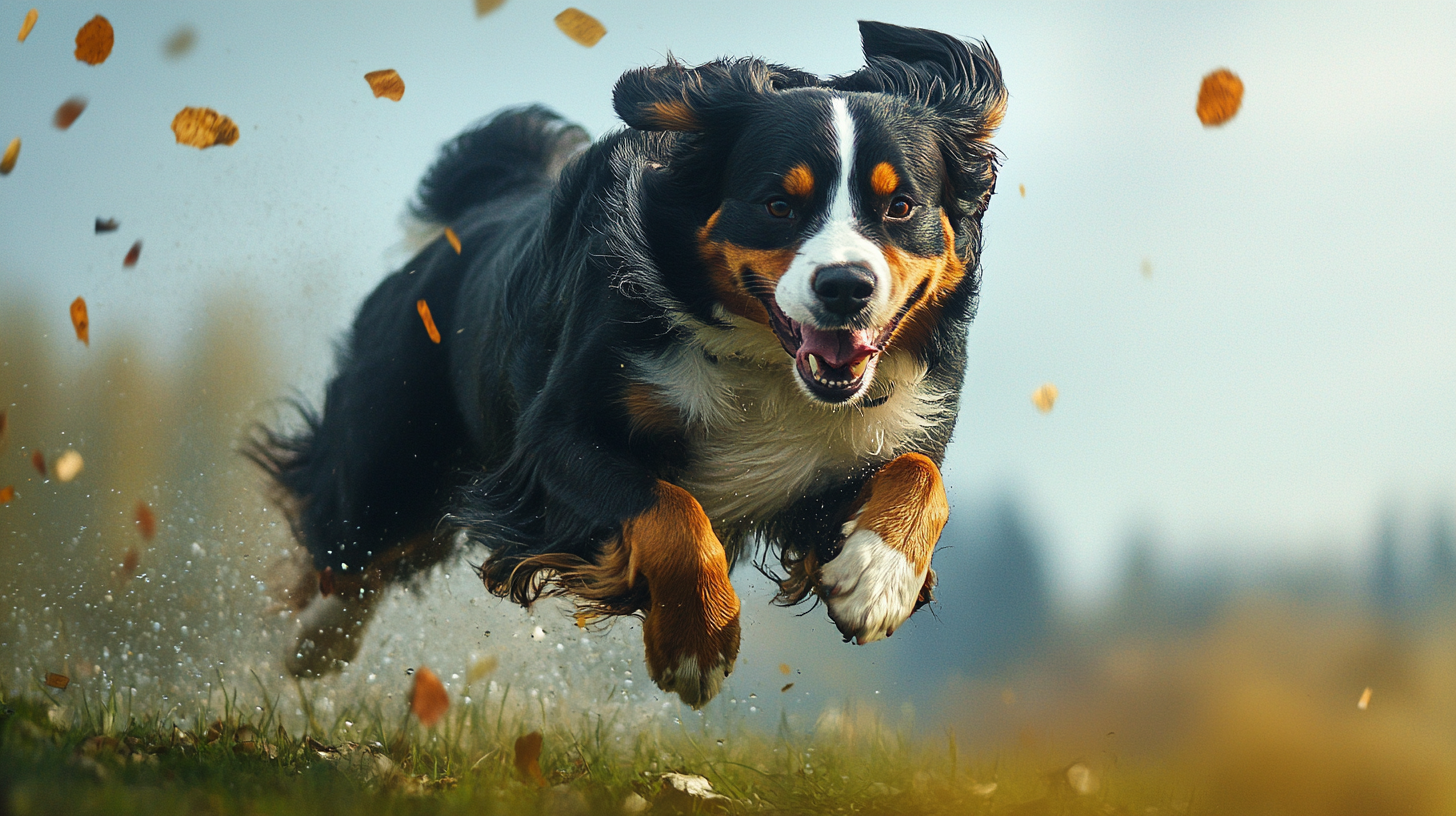 A strong bernese dog jumping rocks heroically.