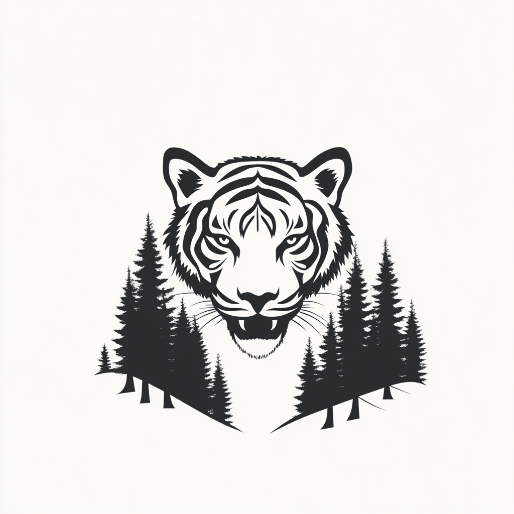 A strong tiger roars from forest in minimal design