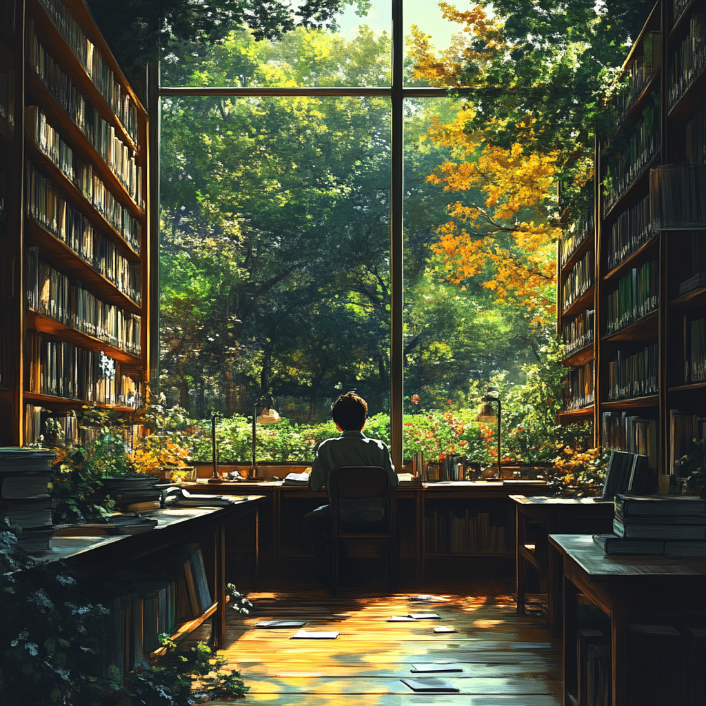 A student studying in library with sunset view.