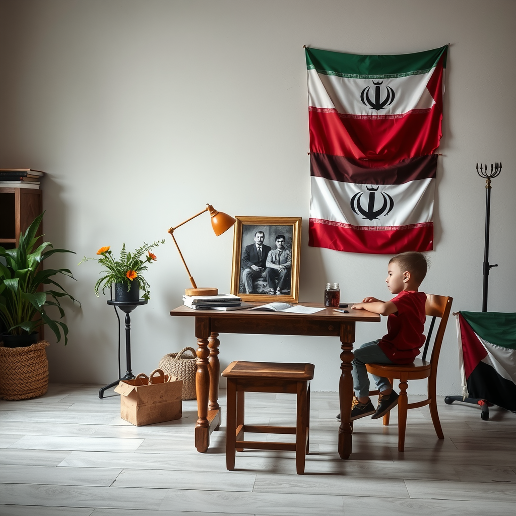 A studio with a table, a picture, and flags.