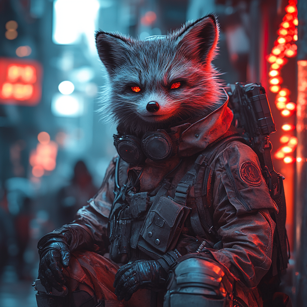 A stunning photo of a kitsune in neon city