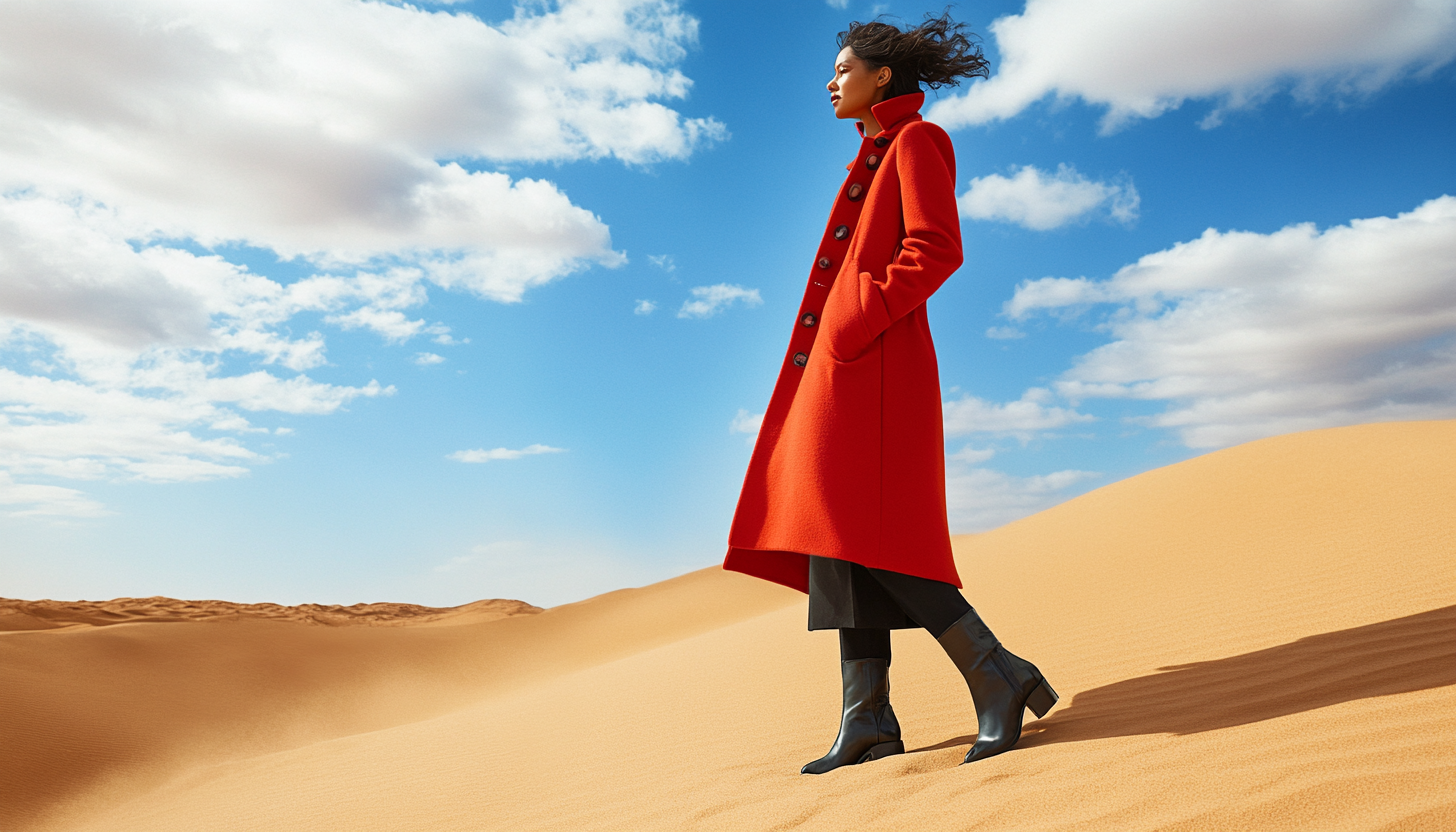 A stylish lawyer in wintercoat poses in desert