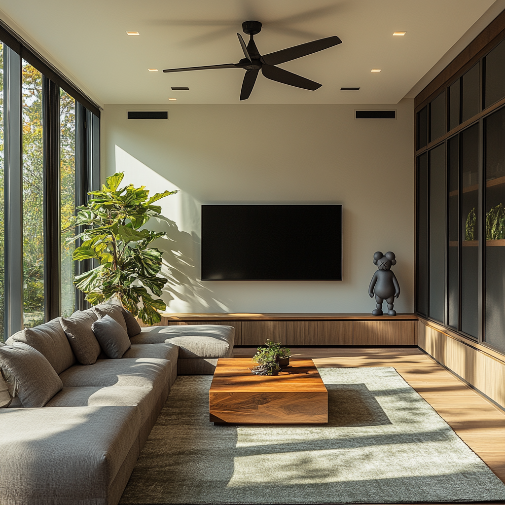 A stylish living room with high ceilings and art