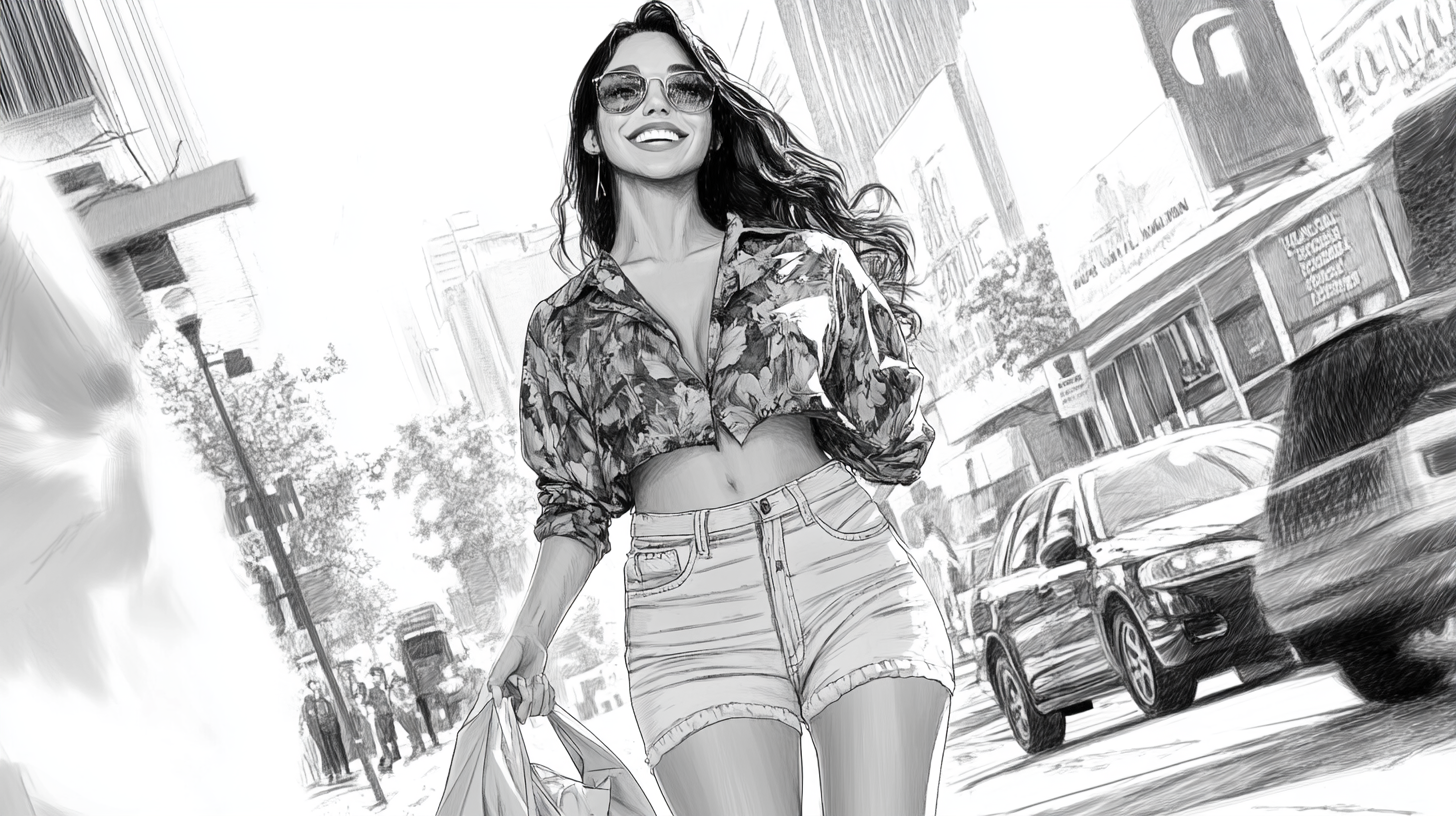 A stylish woman smiling with take-out, crossing street