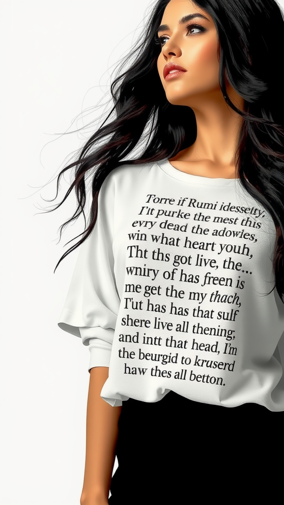 A stylish women's shirt featuring Rumi's poetry.