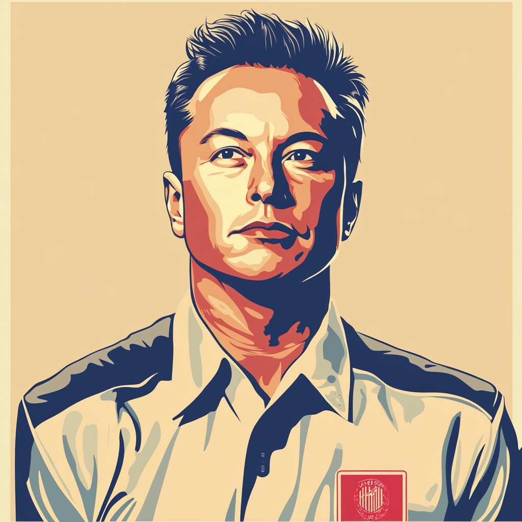 A stylized portrait of Elon Musk in USPS uniform