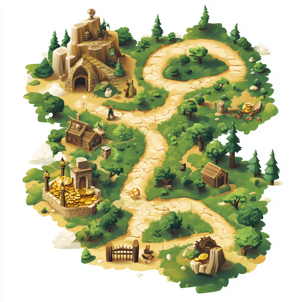 A stylized treasure map with forest, village, wise man