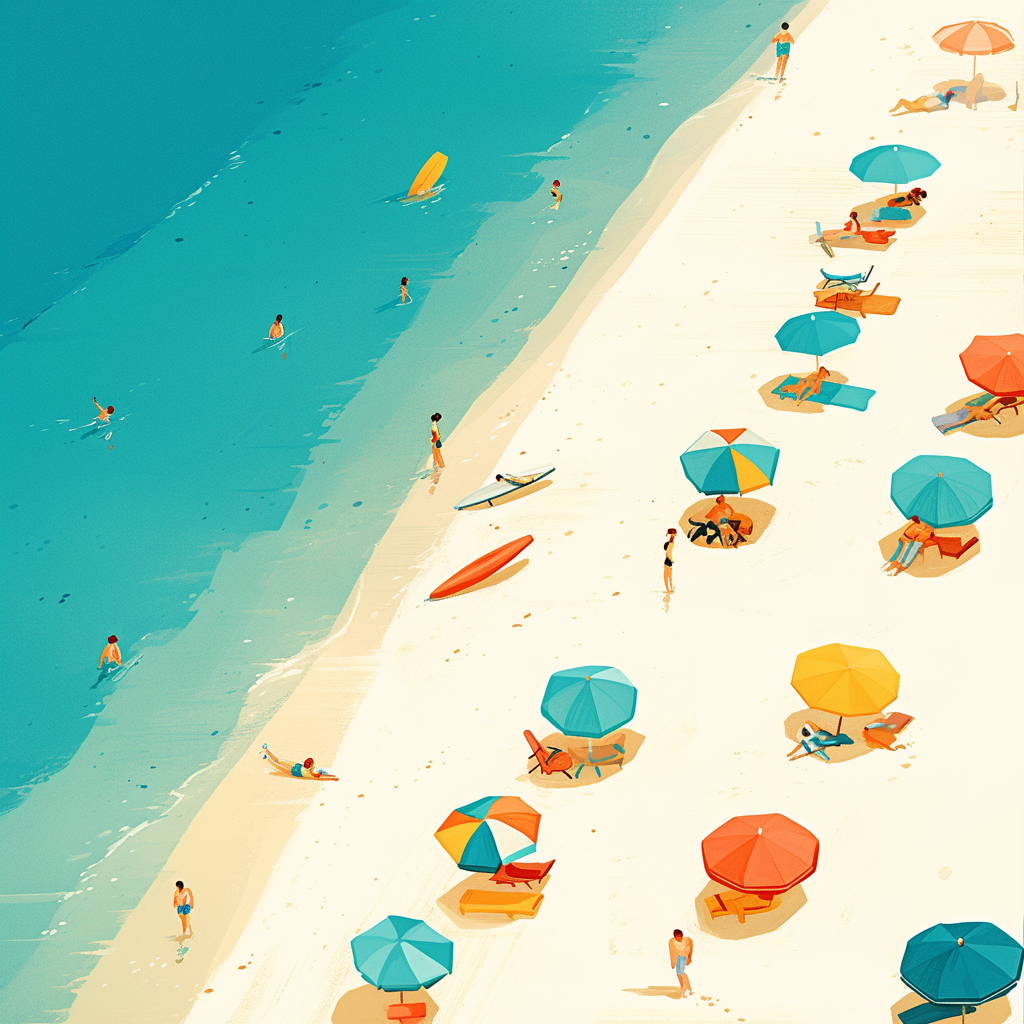 A sunny beach day with colorful umbrellas