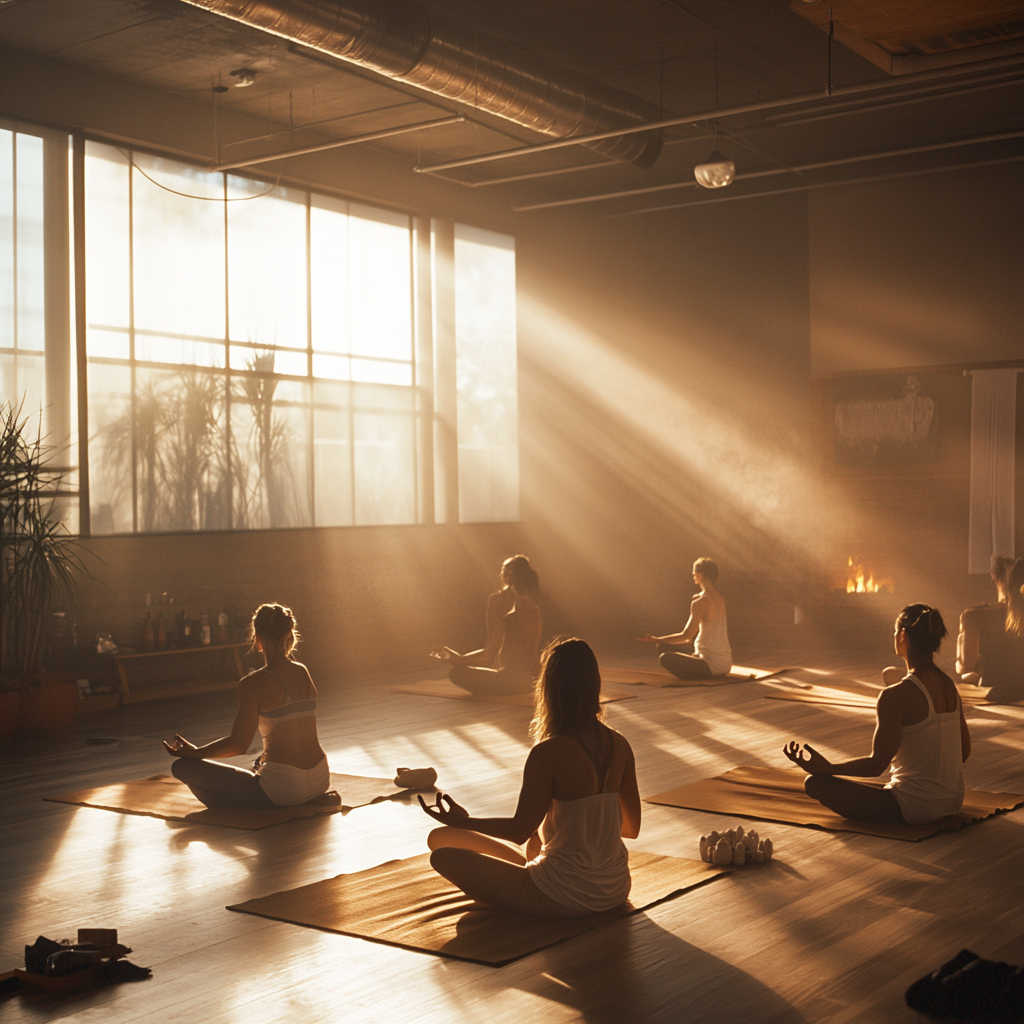 A sunny yoga studio with diverse, calm group.