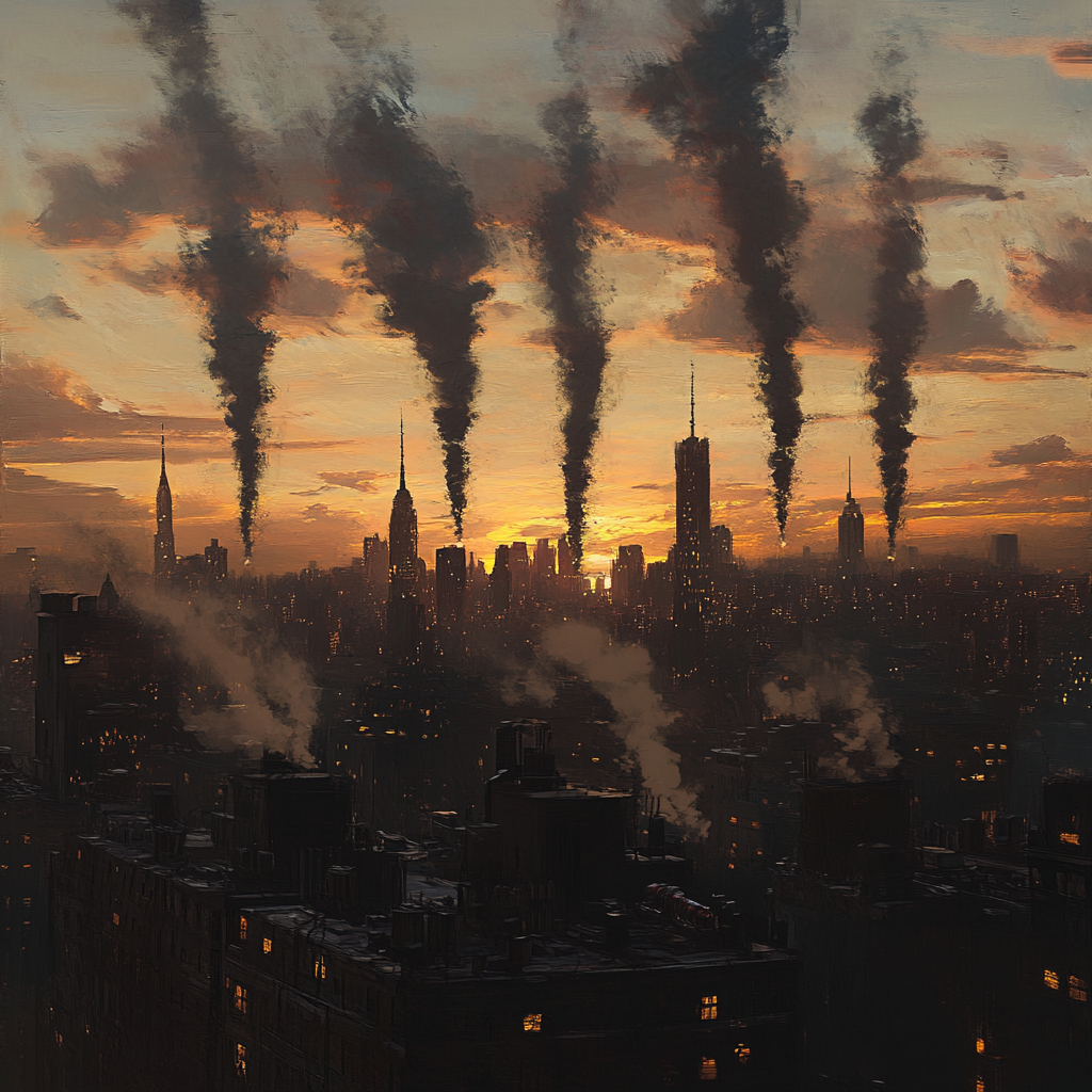 A sunset over city, tall towers, smoke trails.