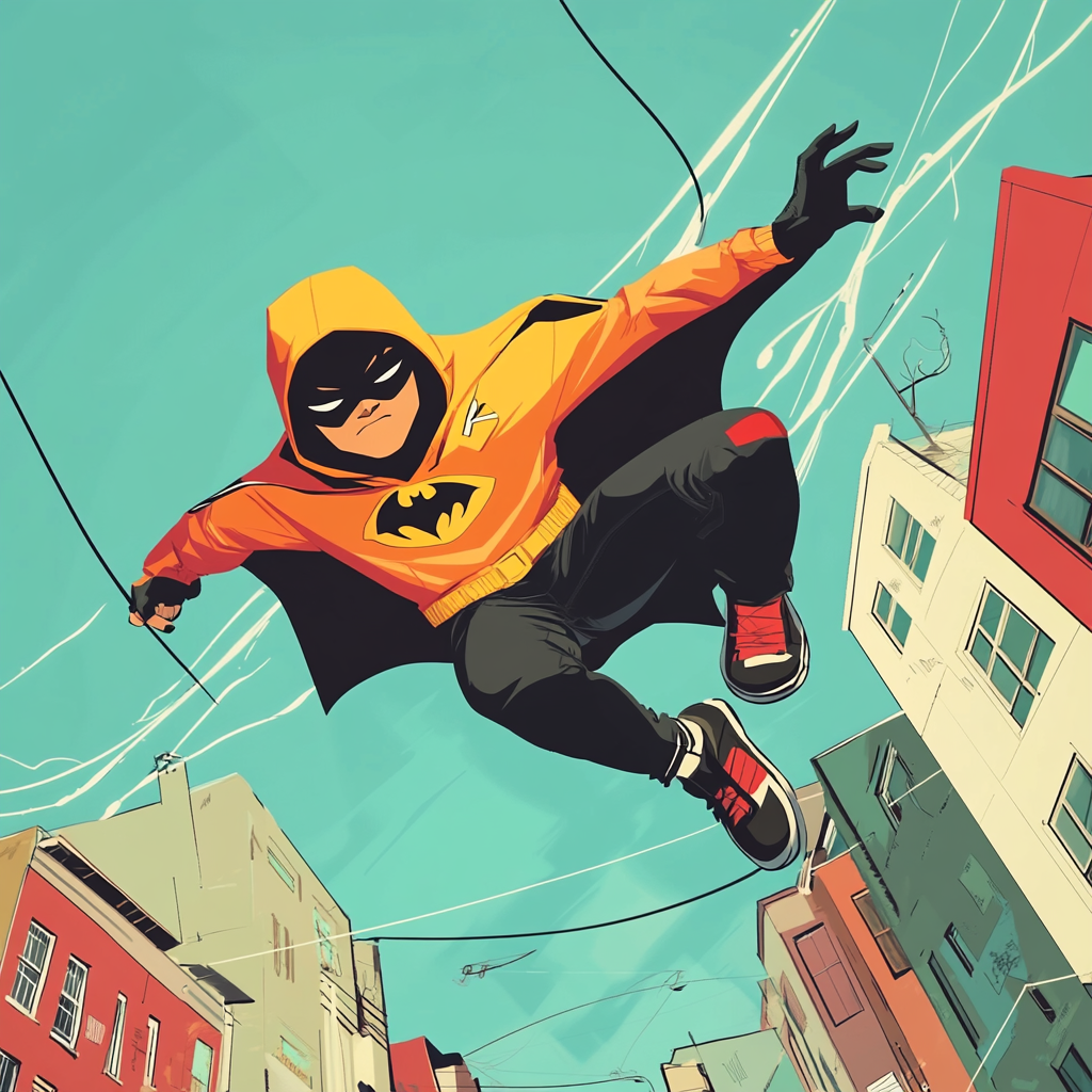 A superhero in hoody flies over ghetto