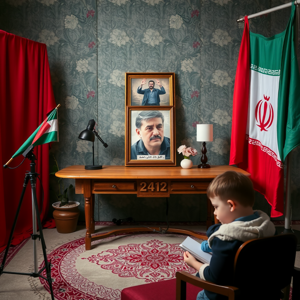 A table, a picture, a child, flags in studio.