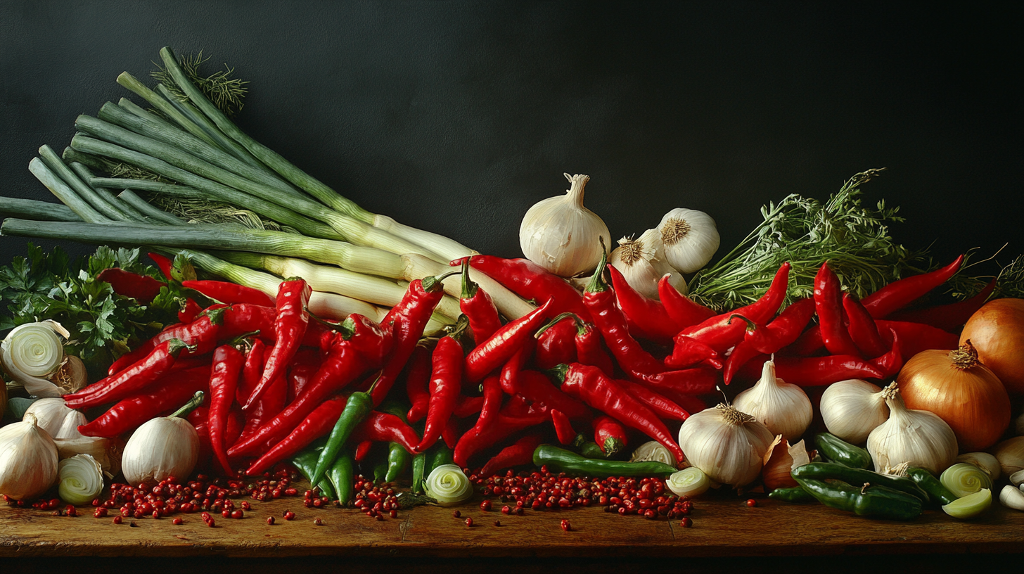 A table full of colorful vegetables under bright light