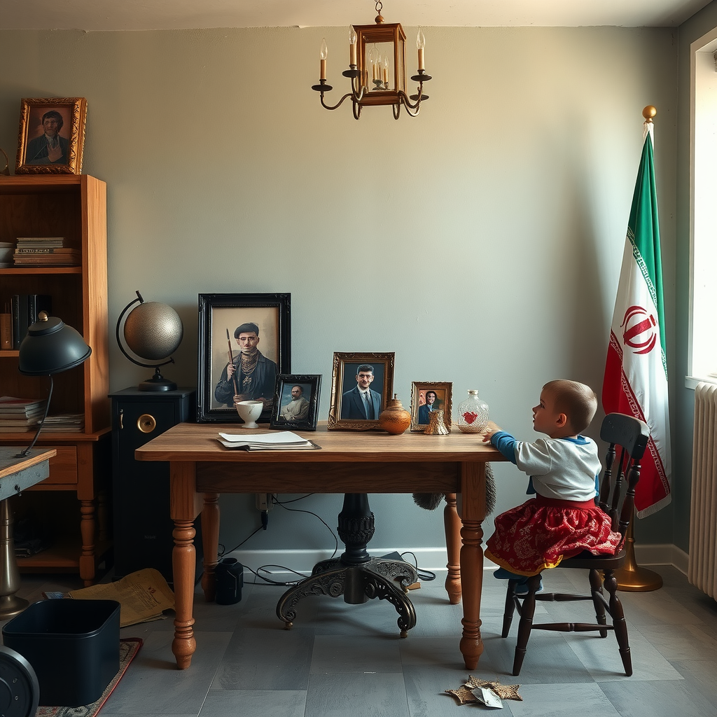 A table with a martyrdom picture and flags.