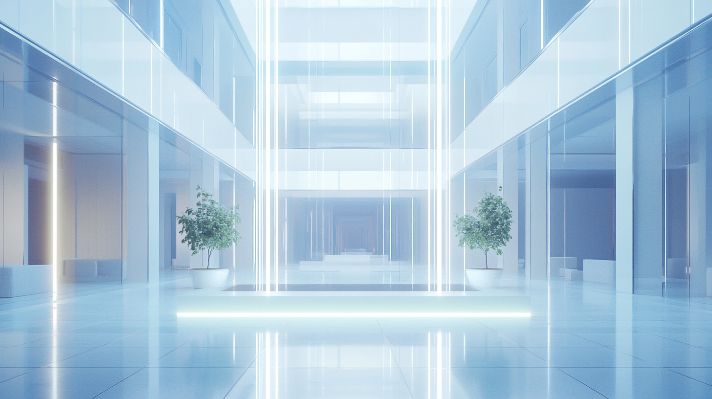 A tall, shiny white building with glass lobby