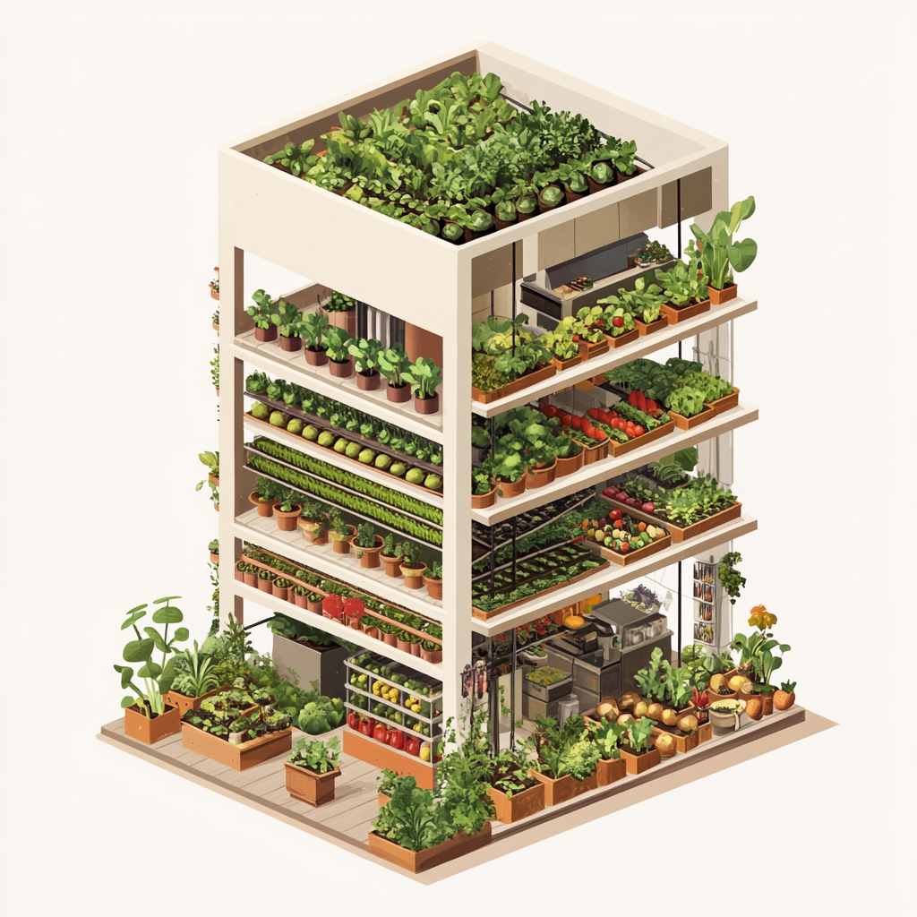 A tall building with a garden inside