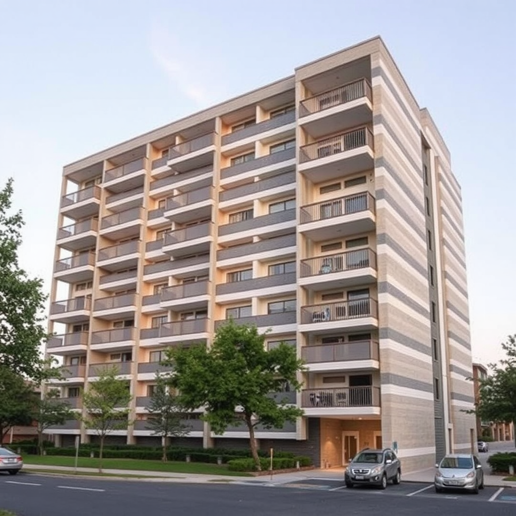 A tall striped building with parking entrance.