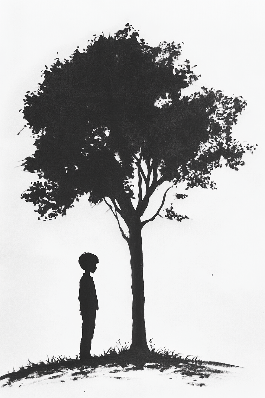 A tattoo design of a boy and tree.