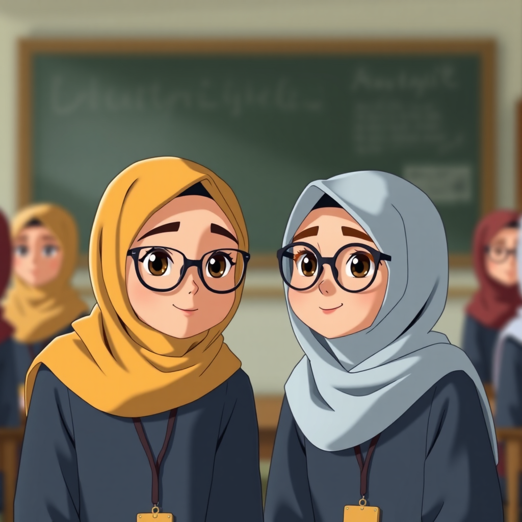 A teacher and students in hijab at school.