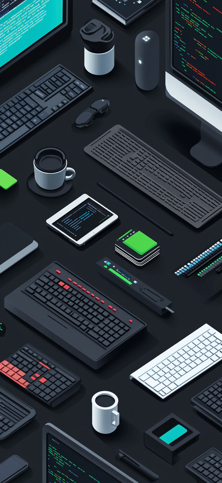 A tech-themed flat lay with computer icons