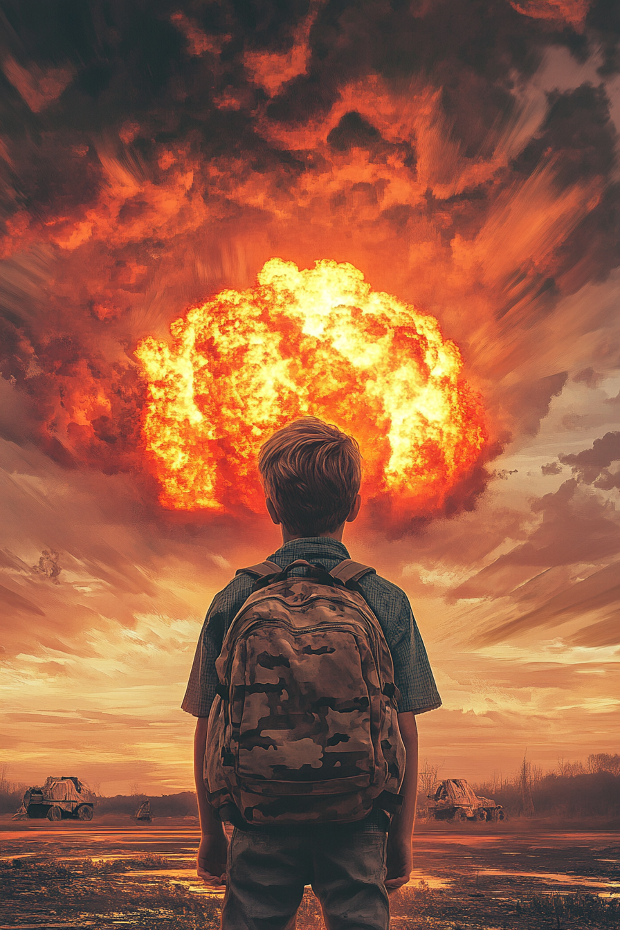 A teenage boy in post-apocalyptic nuclear scene