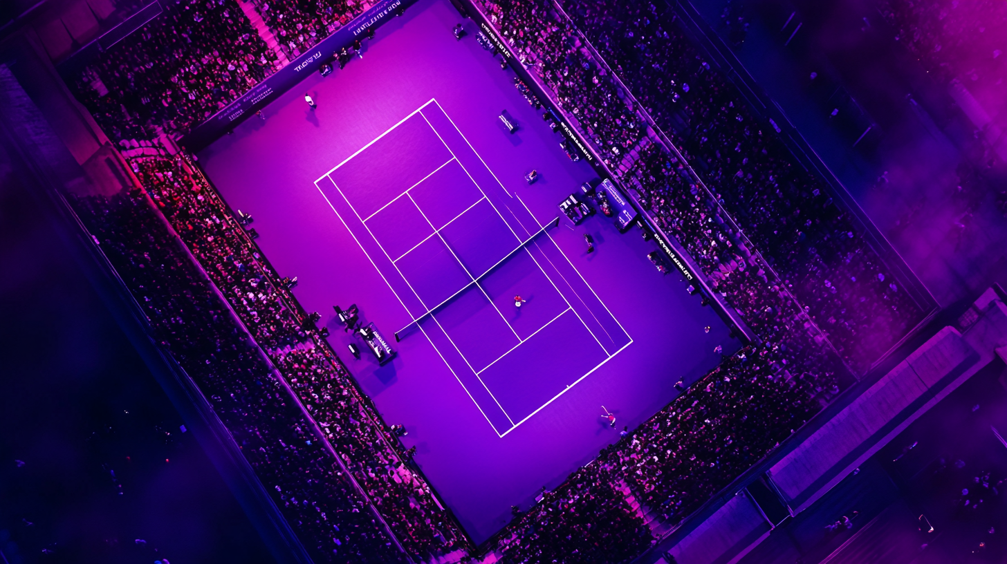 A tennis match with spectators under purple sky