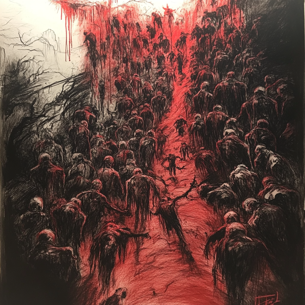 A terrifying charcoal drawing of endless screaming pit.