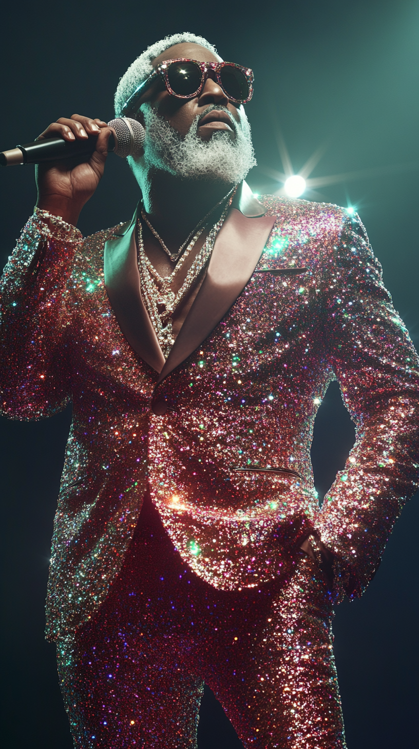 A tiny P Diddy in a sparkly suit.