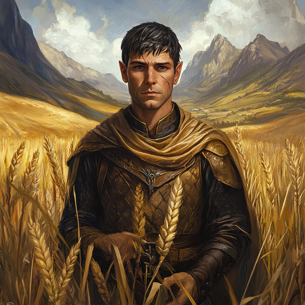 A tired, ugly elvish soldier in wheat field