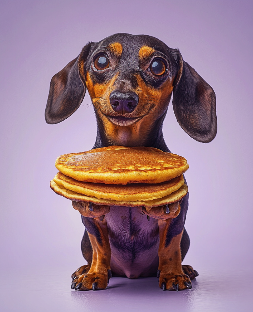 Dachshund holding pancake in caricature style