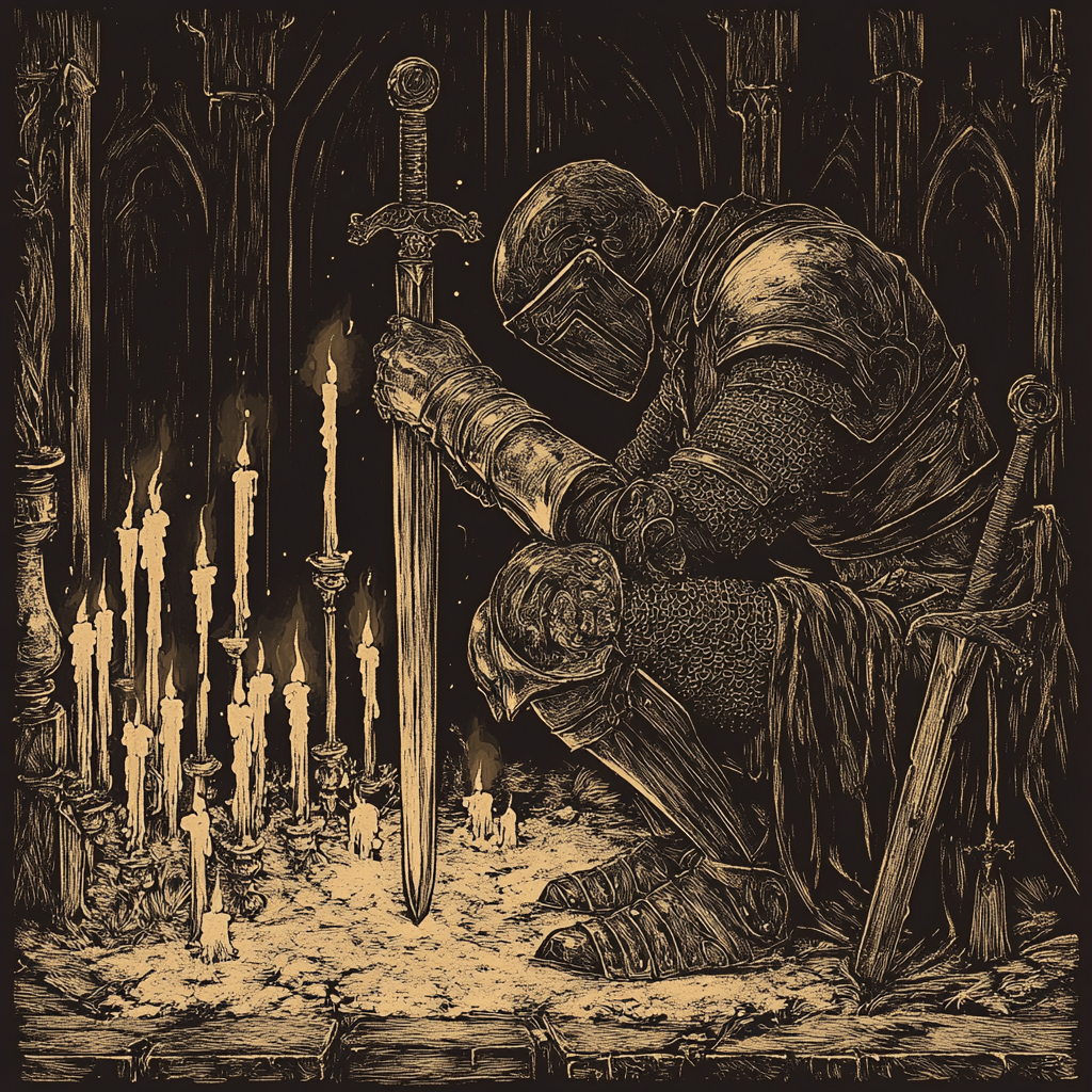 A tired knight in old armor prays.