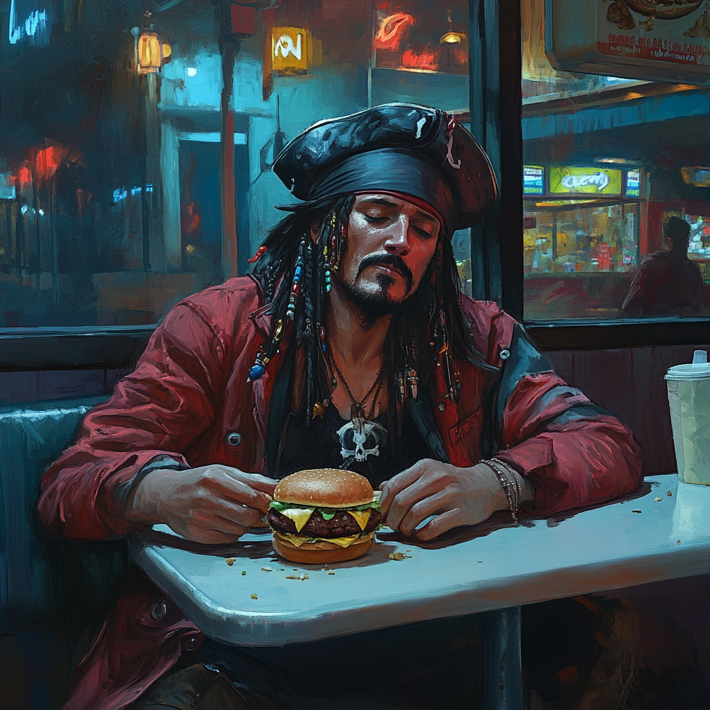 A tired pirate enjoying a burger at Burger King