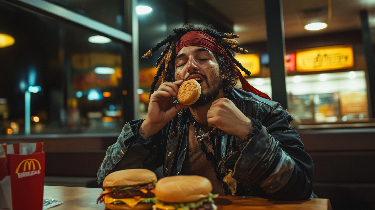 A tired pirate enjoys late-night burger party