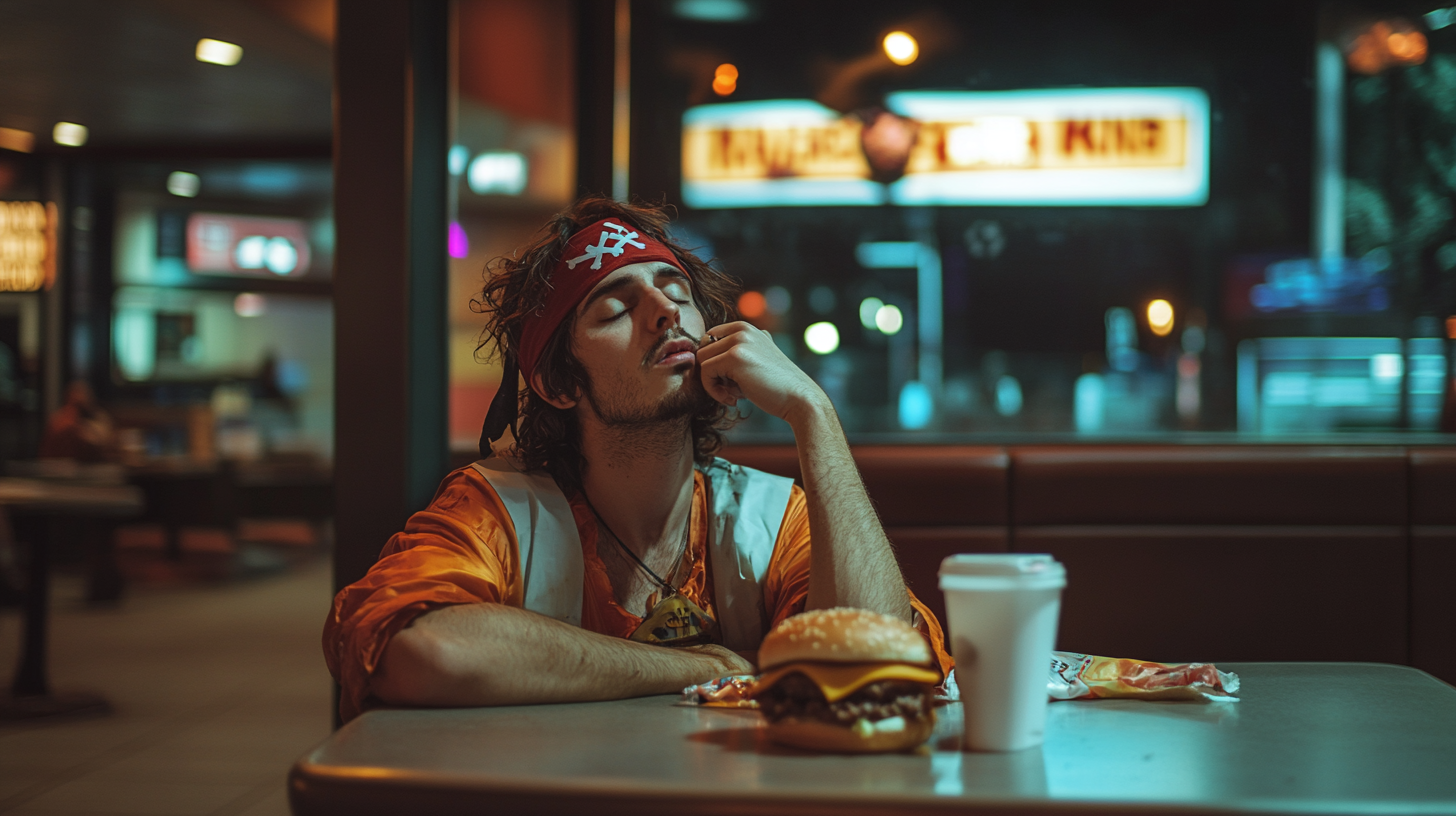 A tired young man in pirate Halloween costume