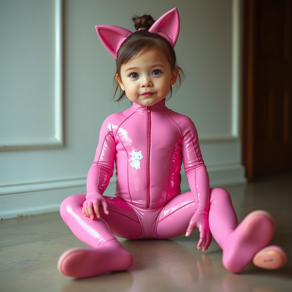 A toddler girl in a pink catsuit outfit.