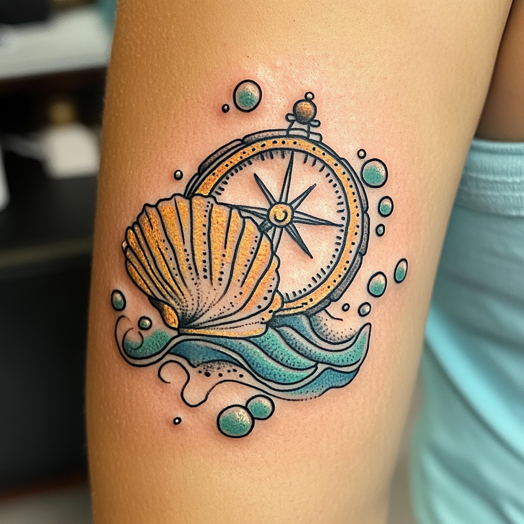 A traditional ocean-themed tattoo with compass and seashell.