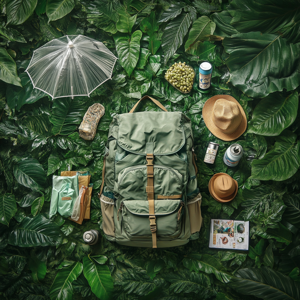 A traveler's bag filled with essentials in Jeju forest.