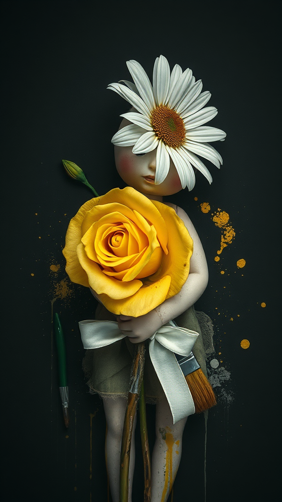 A twisted daisy and yellow rose with broken doll.