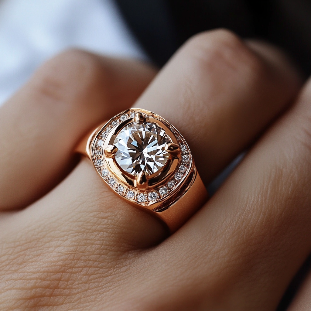 A unique, strong, rose gold ring with a diamond