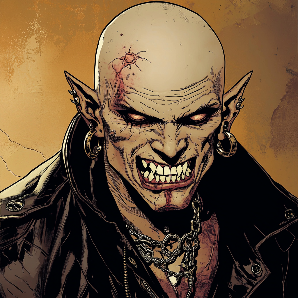 A vampire with bald head, pimples, and earrings.